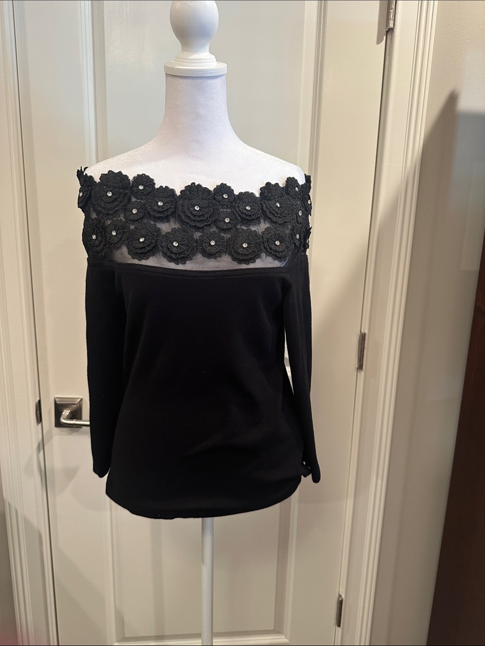 Boston Proper Black Off-the-Shoulder Sweater with Floral Lace Trim never worn.